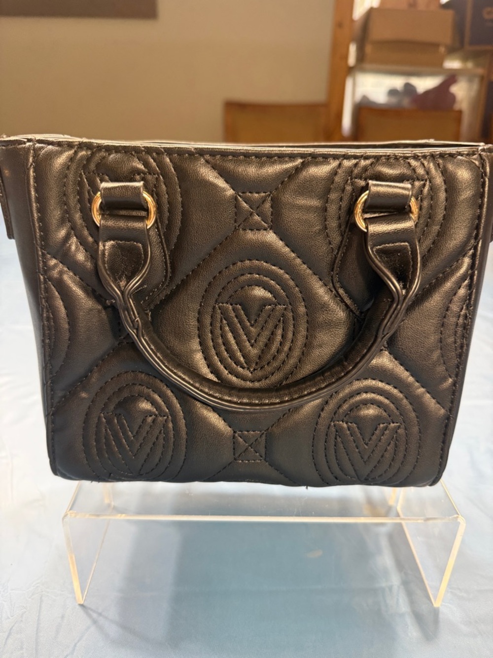 Black Quilted Top-Handle Women's Bag with Gold Charm - Picture 4 of 8